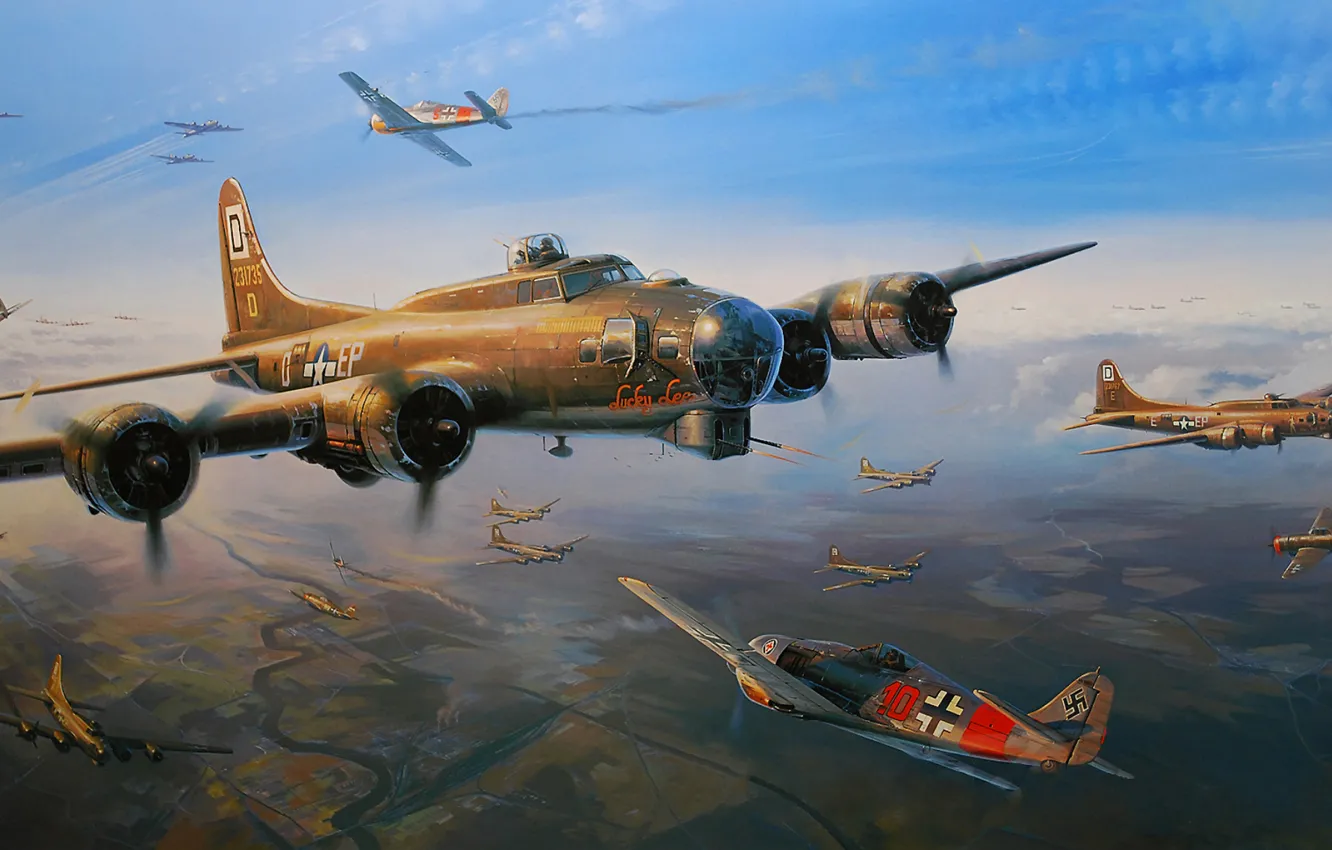 Photo wallpaper aircraft, war, airplane, aviation, B-17, Fw 190, Flying Fortress, dogfight