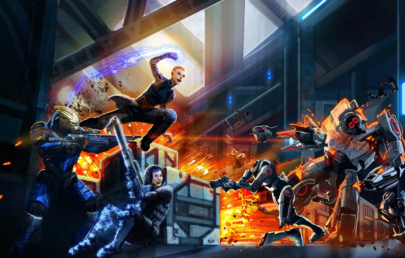 Photo wallpaper the explosion, lights, weapons, art, battle, mass effect, shepard, Shepard