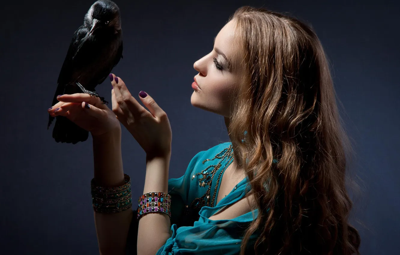Photo wallpaper girl, bird, pet, jackdaw