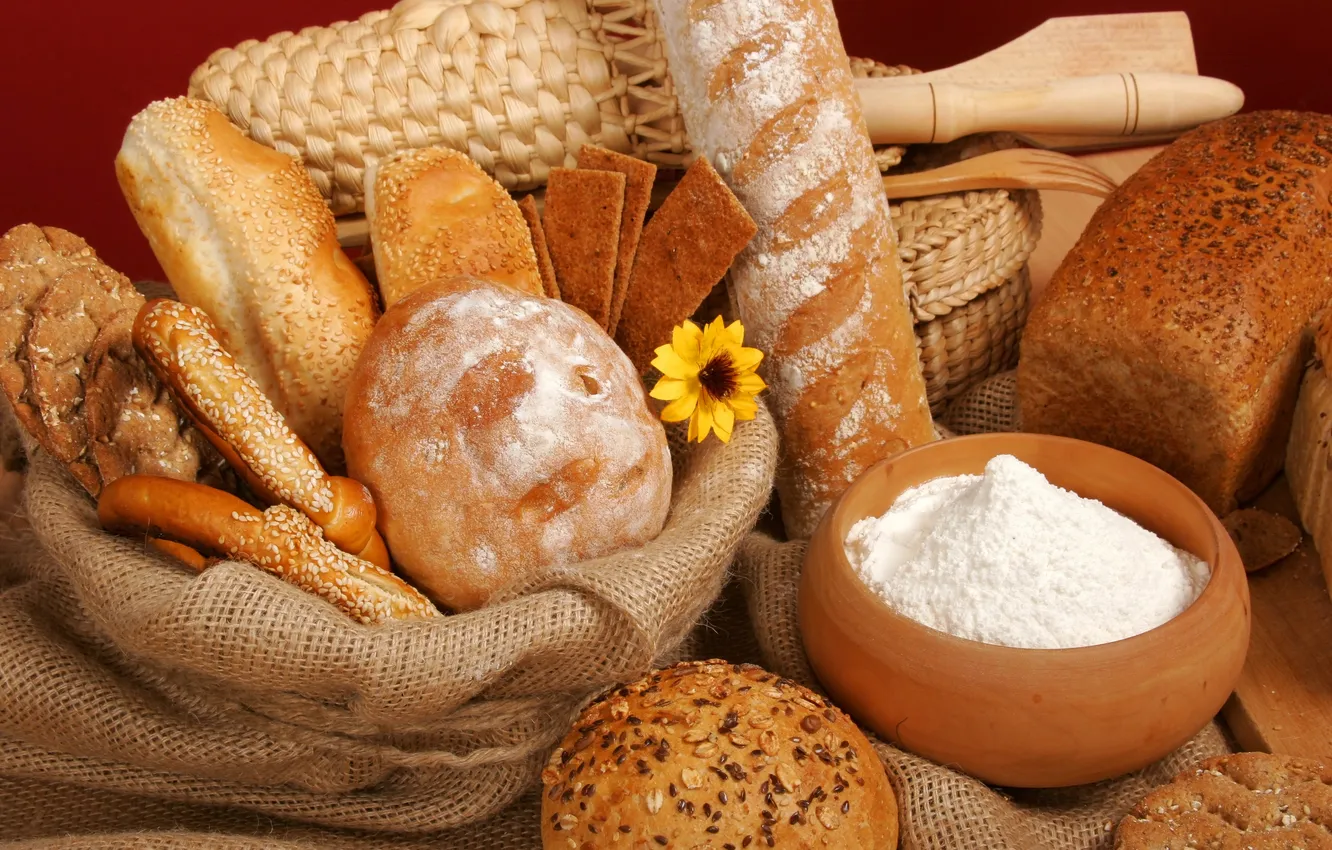 Photo wallpaper flower, bread, roll, flour, basket, baton