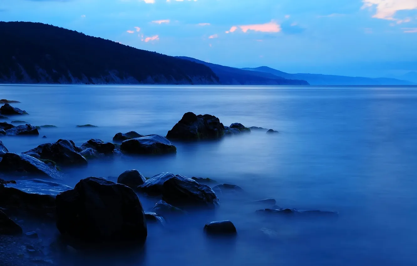 Photo wallpaper sea, the sky, clouds, landscape, mountains, stones, shore, the evening