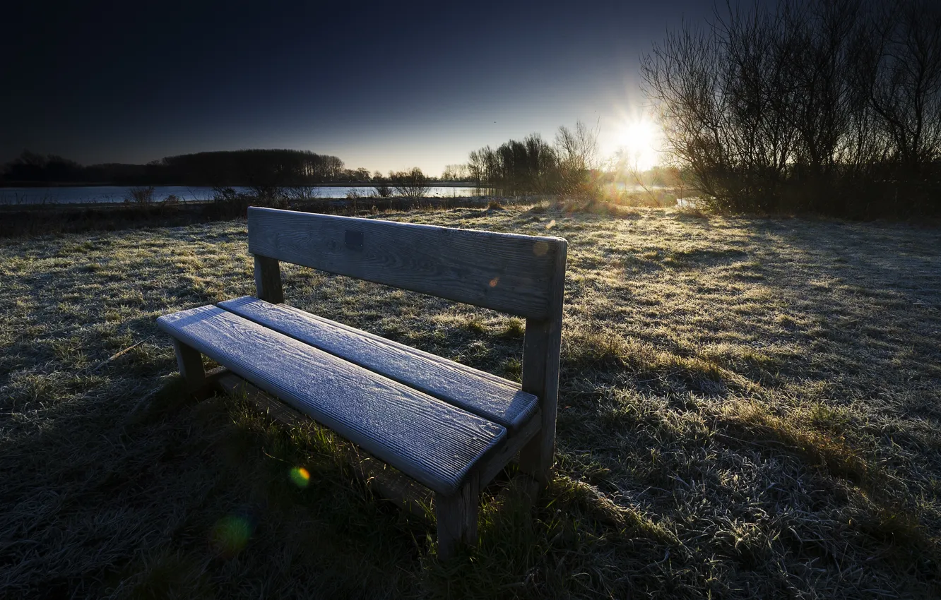 Photo wallpaper frost, morning, bench