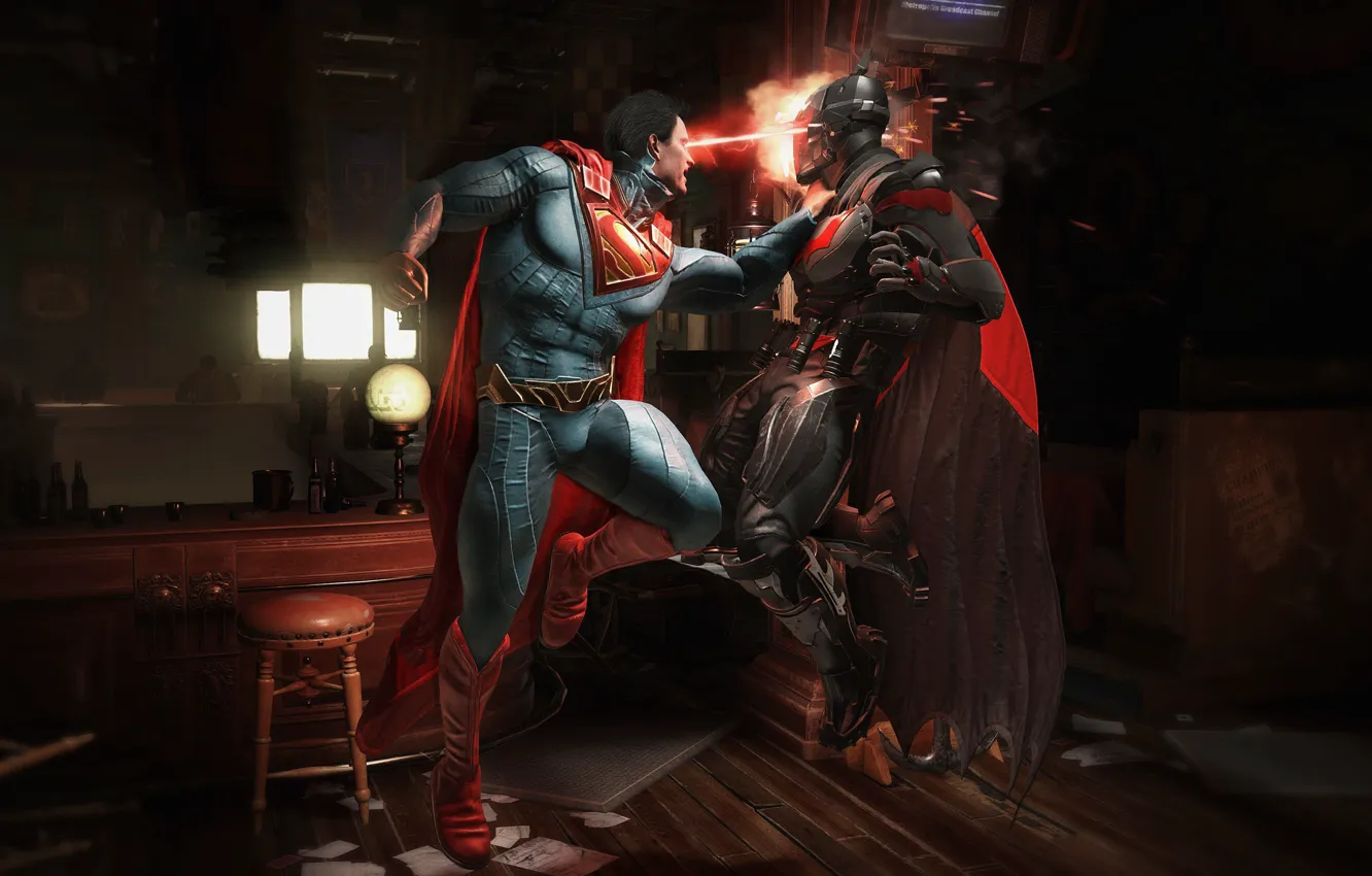 Photo wallpaper fire, battlefield, flame, game, Batman, fight, bat, Superman