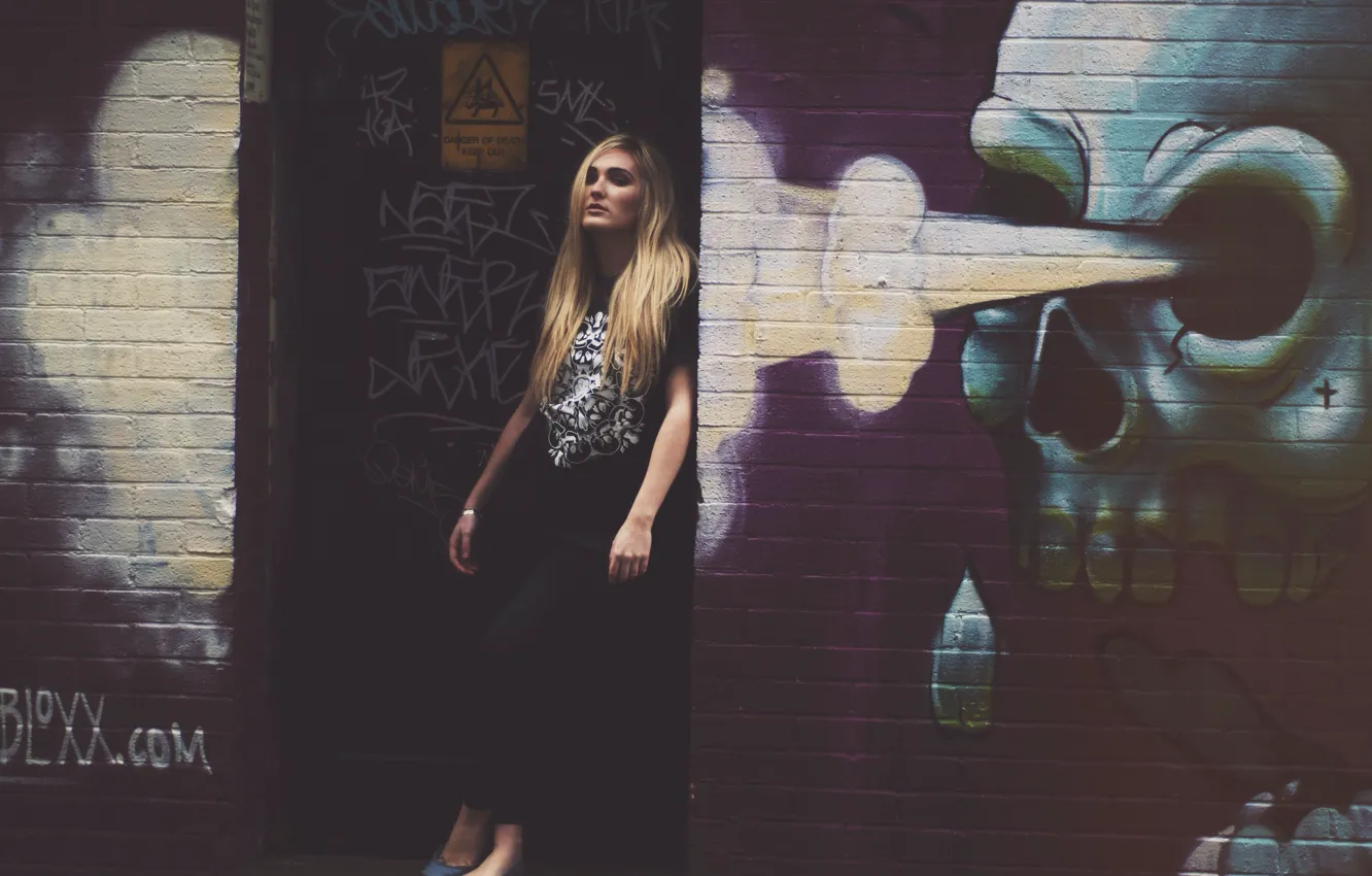 Photo wallpaper sake, girl, graffiti, woman, model, street, blonde, outside