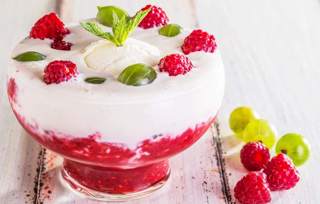 Photo wallpaper berries, raspberry, ice cream, dessert, jam, dessert, raspberry, jam