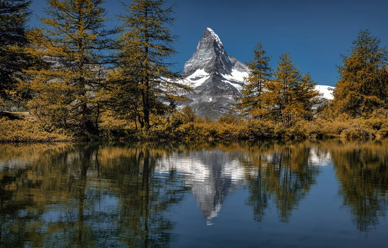 Photo wallpaper autumn, trees, lake, reflection, mountain, Switzerland, Alps, top