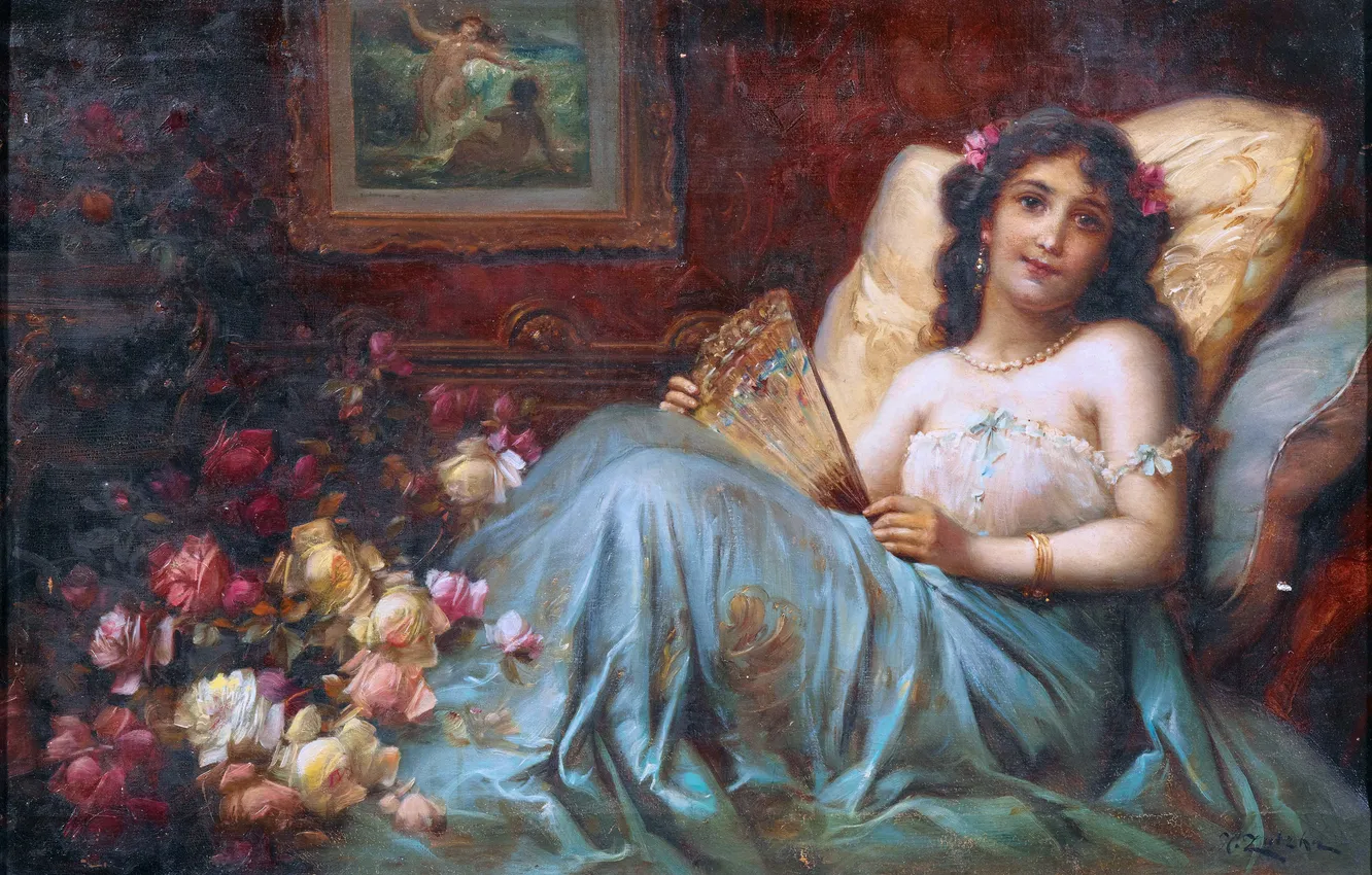 Photo wallpaper look, girl, flowers, sofa, picture, Hans Zatzka, Austrian artist, Hans Zacka