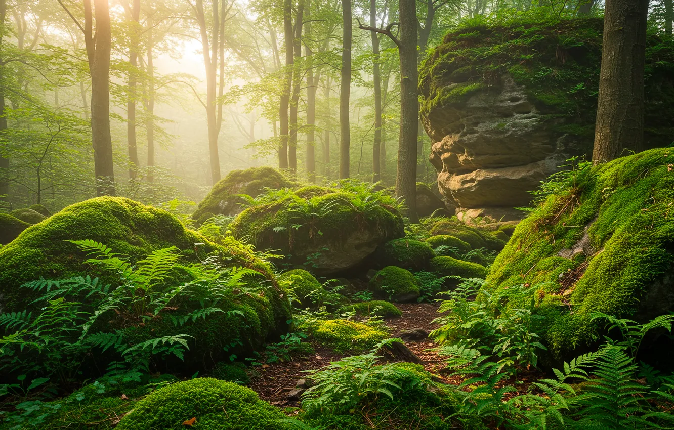 Photo wallpaper forest, the sun, trees, stones, moss, forest, fern, trees