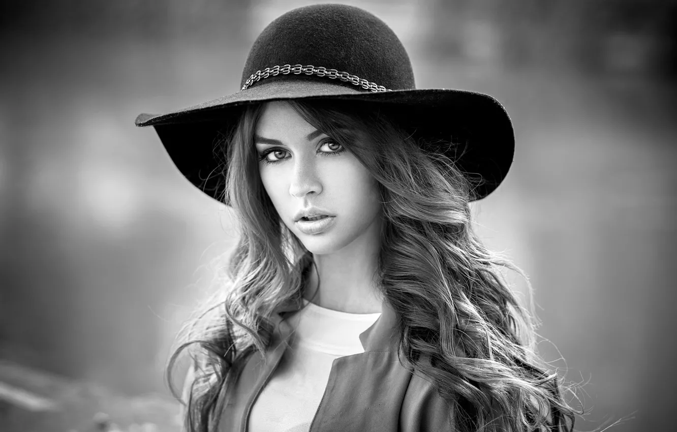 Photo wallpaper look, girl, background, model, portrait, hat, makeup, hairstyle