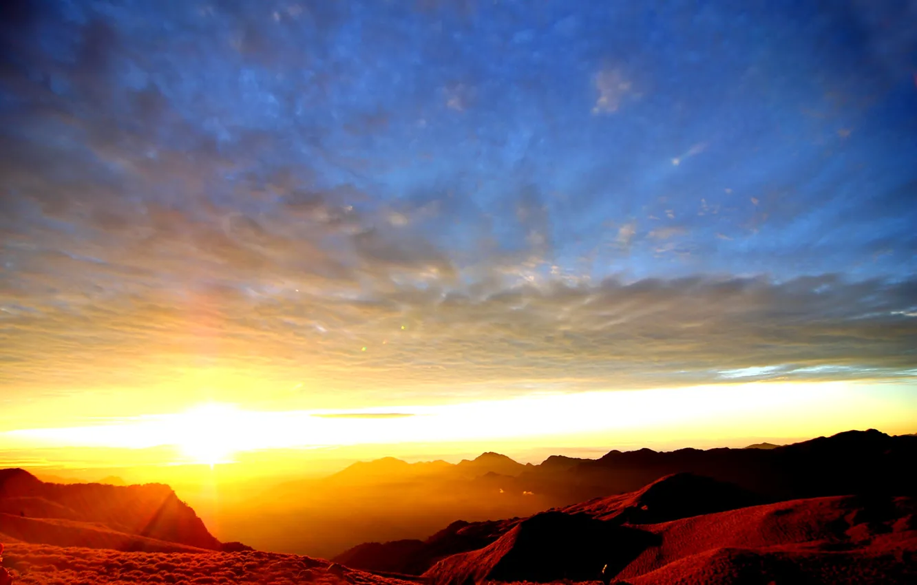 Photo wallpaper the sky, sunset, mountains, tops