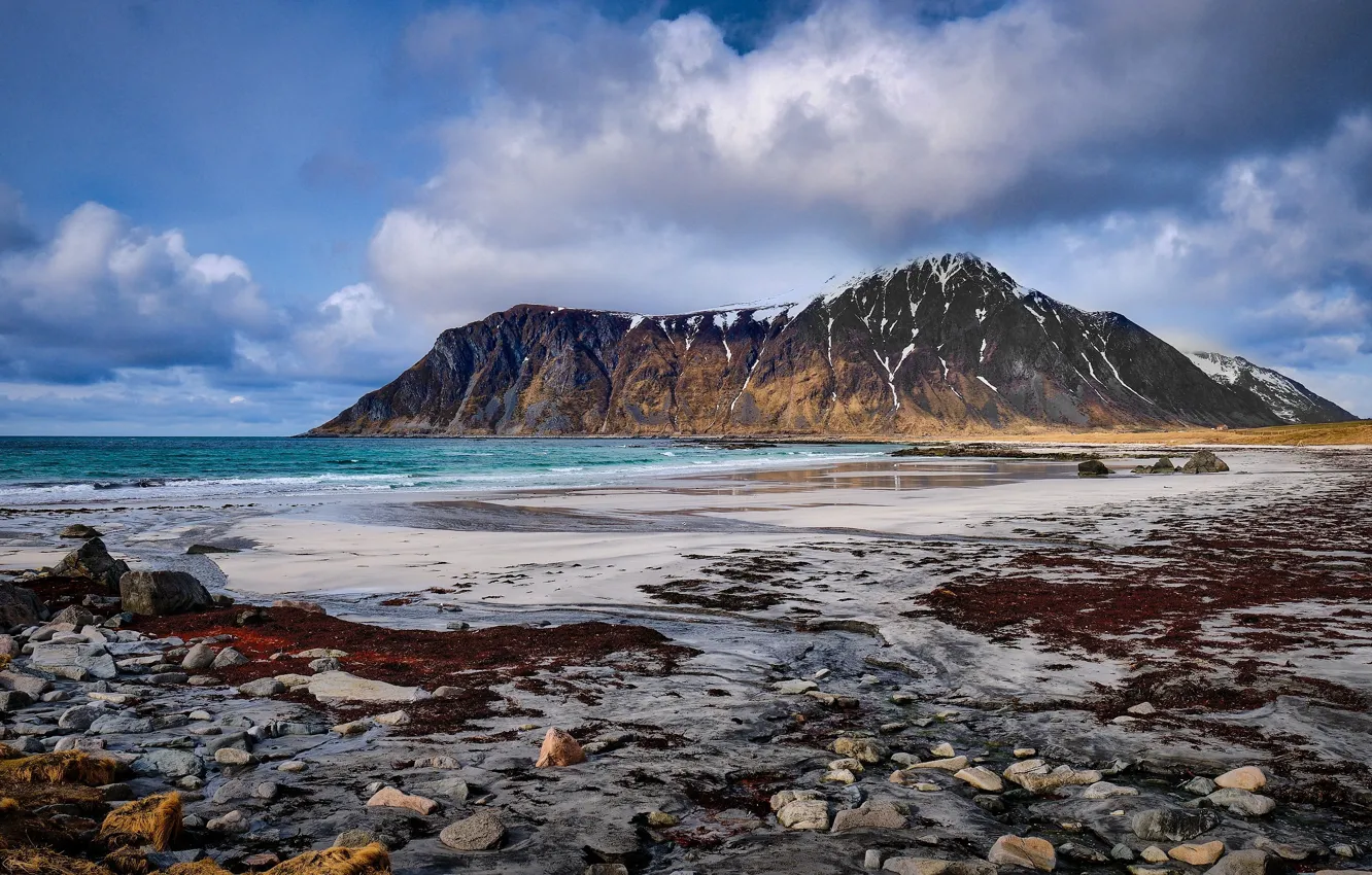 Photo wallpaper sea, clouds, mountains, stones, coast, Norway, Lofoten