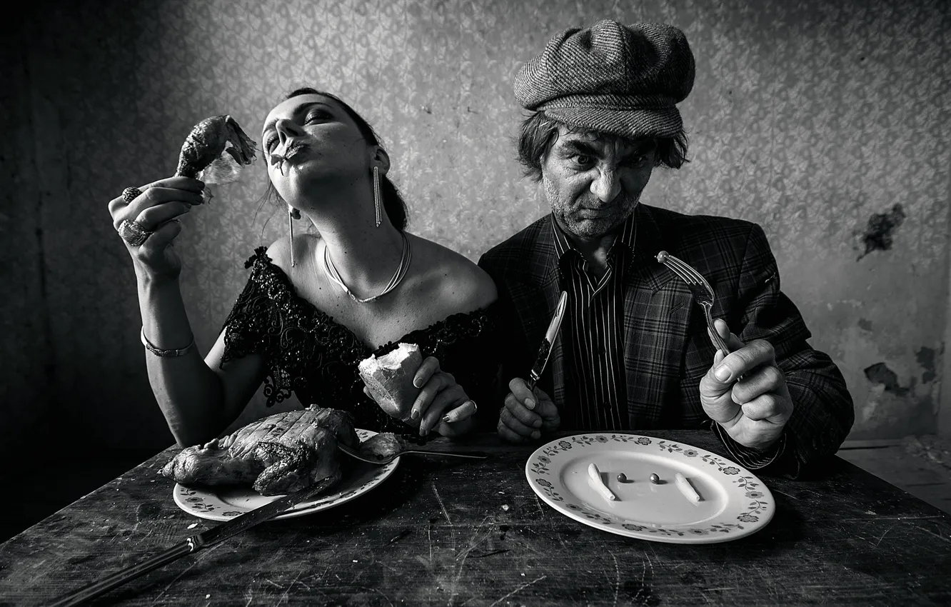 Photo wallpaper woman, man, meat, lunch, diet