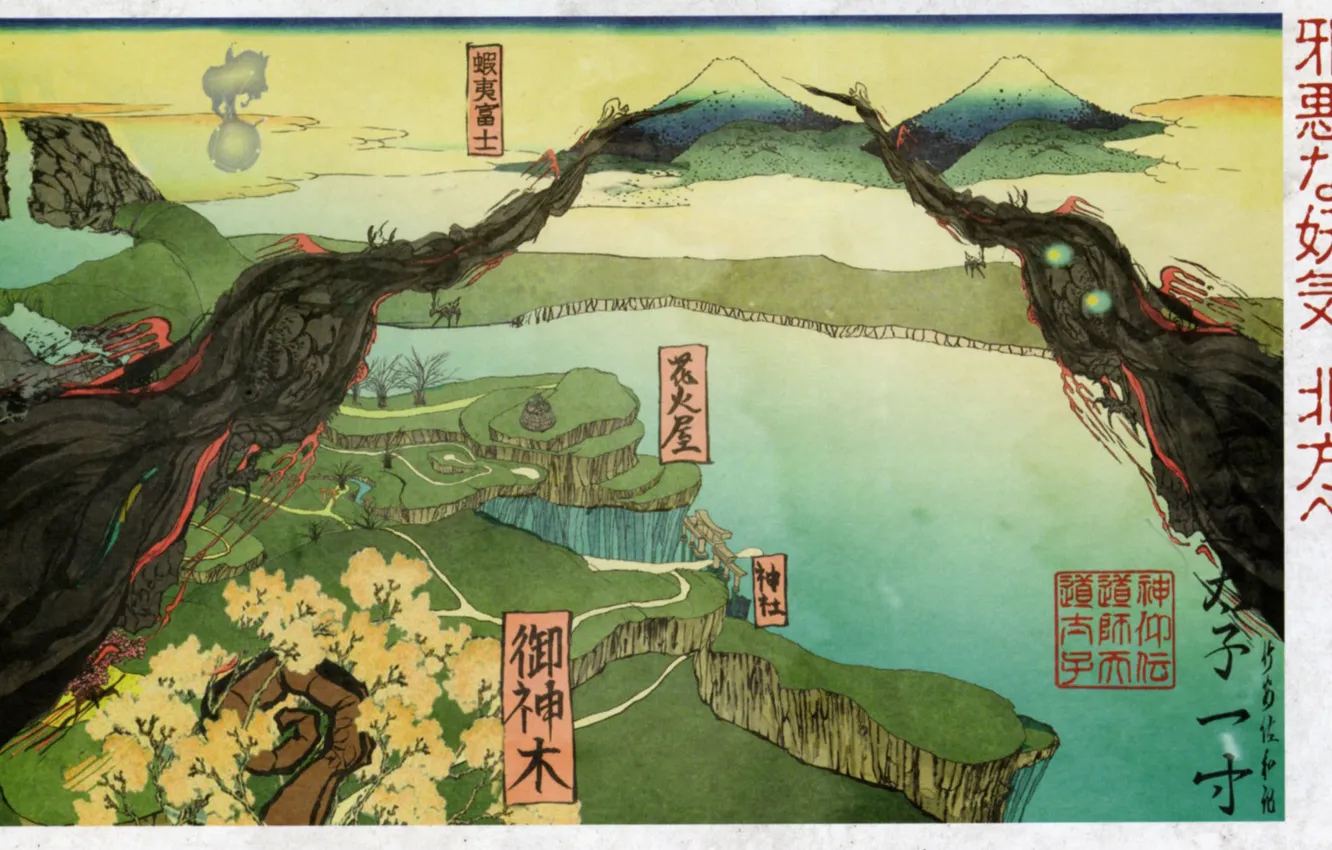 Photo wallpaper landscape, mountains, river, waterfall, valley, characters, Okami, Amaterasu
