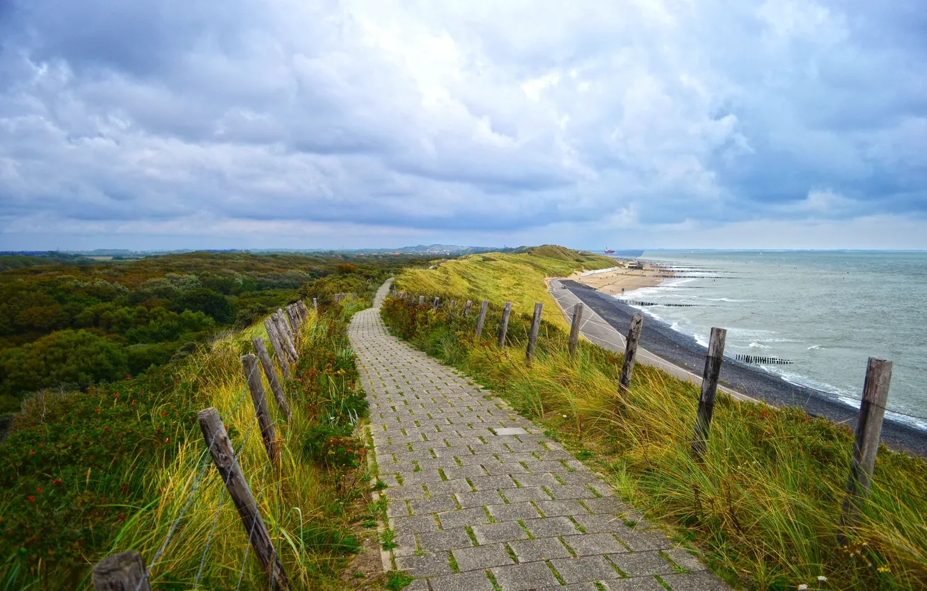Photo wallpaper beach, sea, ocean, seascape, clouds, way, pathway, seaside