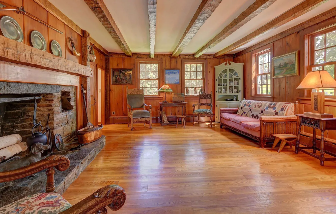 Photo wallpaper design, style, room, interior, oven, living room, Massachusetts, wooden house