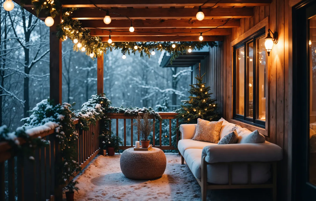 Photo wallpaper winter, snow, decoration, tree, new year, Christmas, Christmas, veranda
