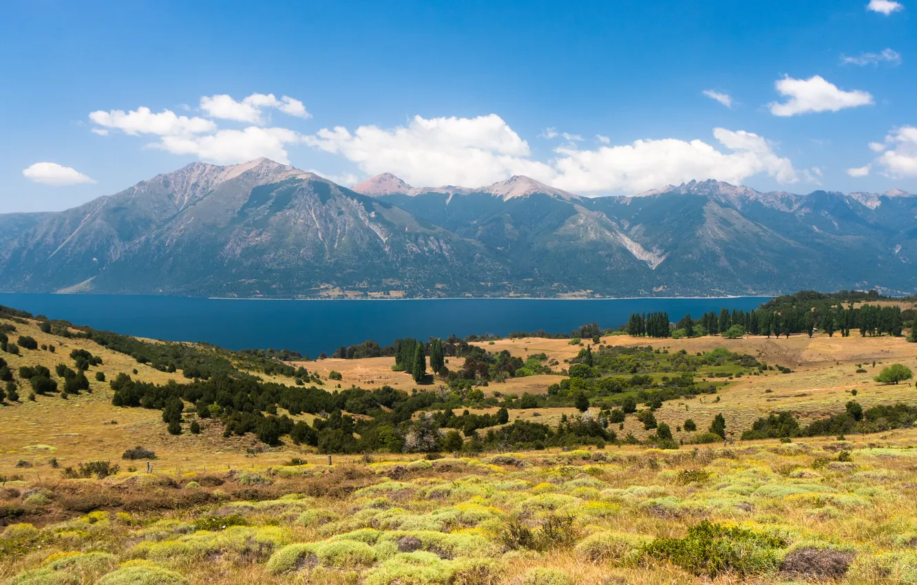 Photo wallpaper field, the sky, clouds, mountains, lake, Argentina, Neuquén, The national Park Lanin