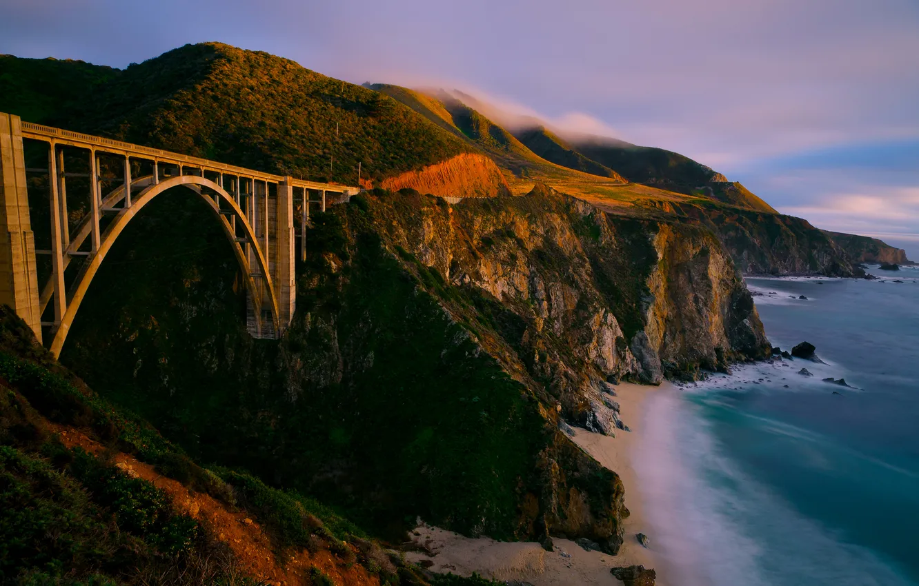 Photo wallpaper sea, the sky, mountains, bridge, shore