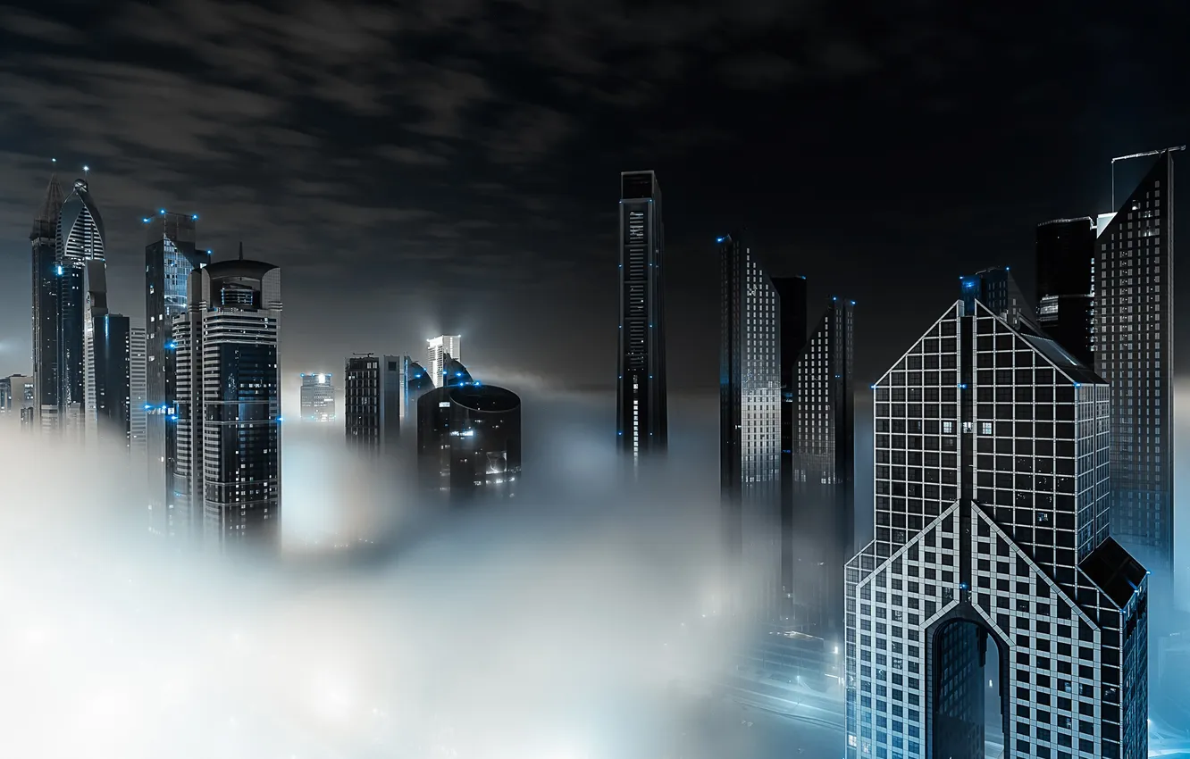 Photo wallpaper clouds, night, the city, fog, Dubai, Dubai, UAE