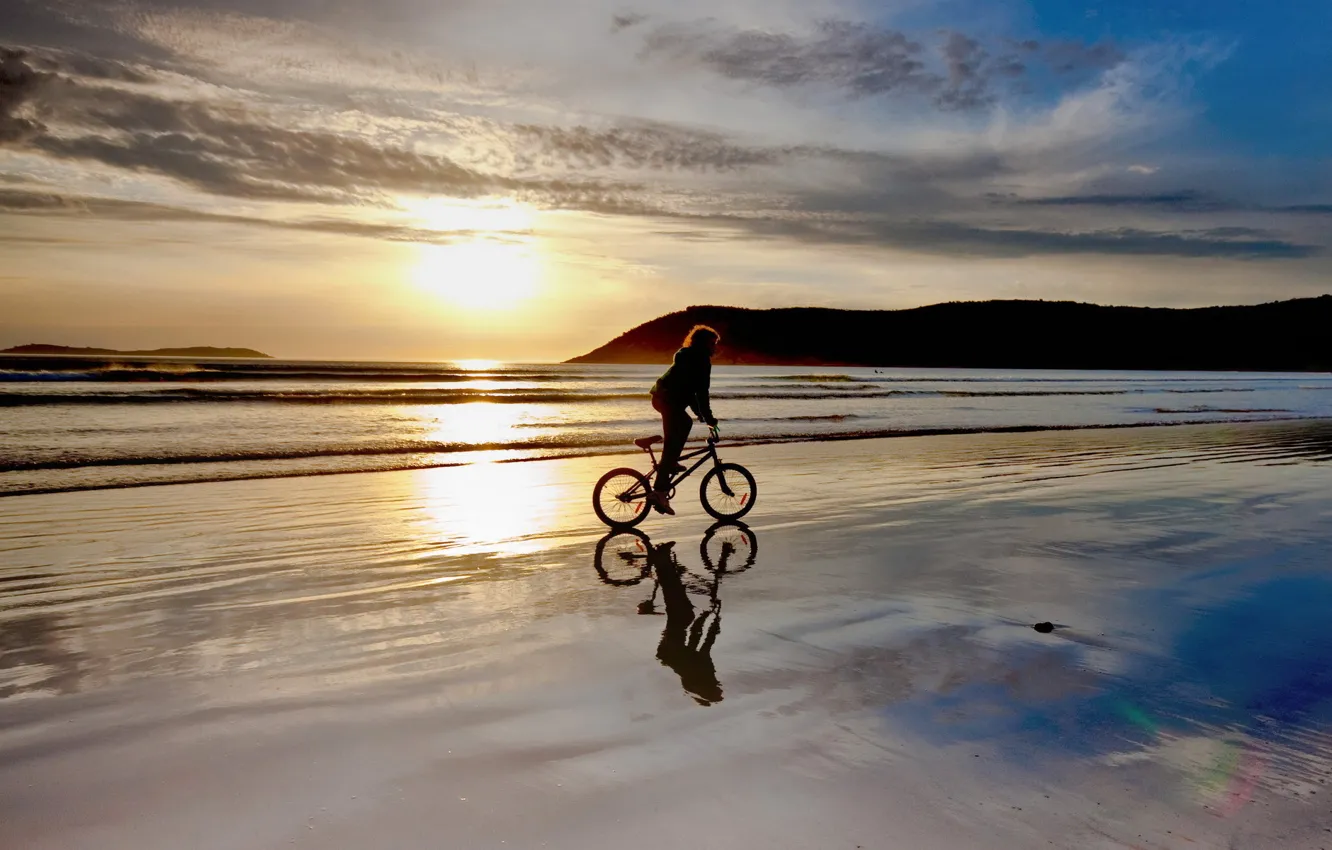 Photo wallpaper beach, bike, BMX, sunset