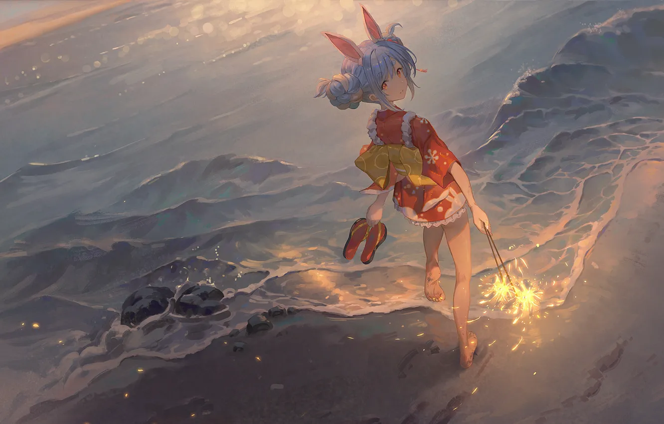 Photo wallpaper sunset, barefoot, yukata, coast, sideways, geta, Bengal lights, Virtual Youtuber