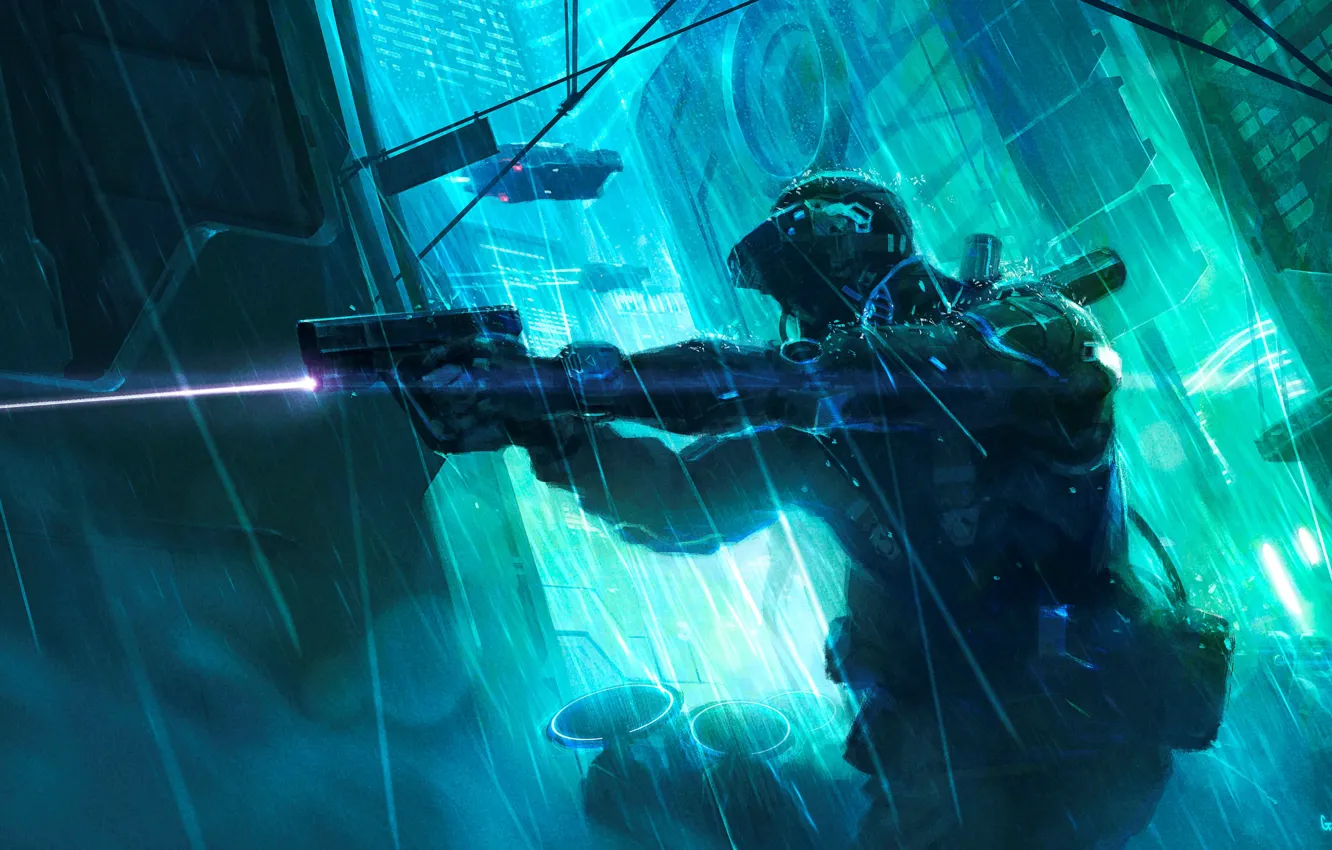 Photo wallpaper the city, future, gun, weapons, rain, the game, laser, fighter