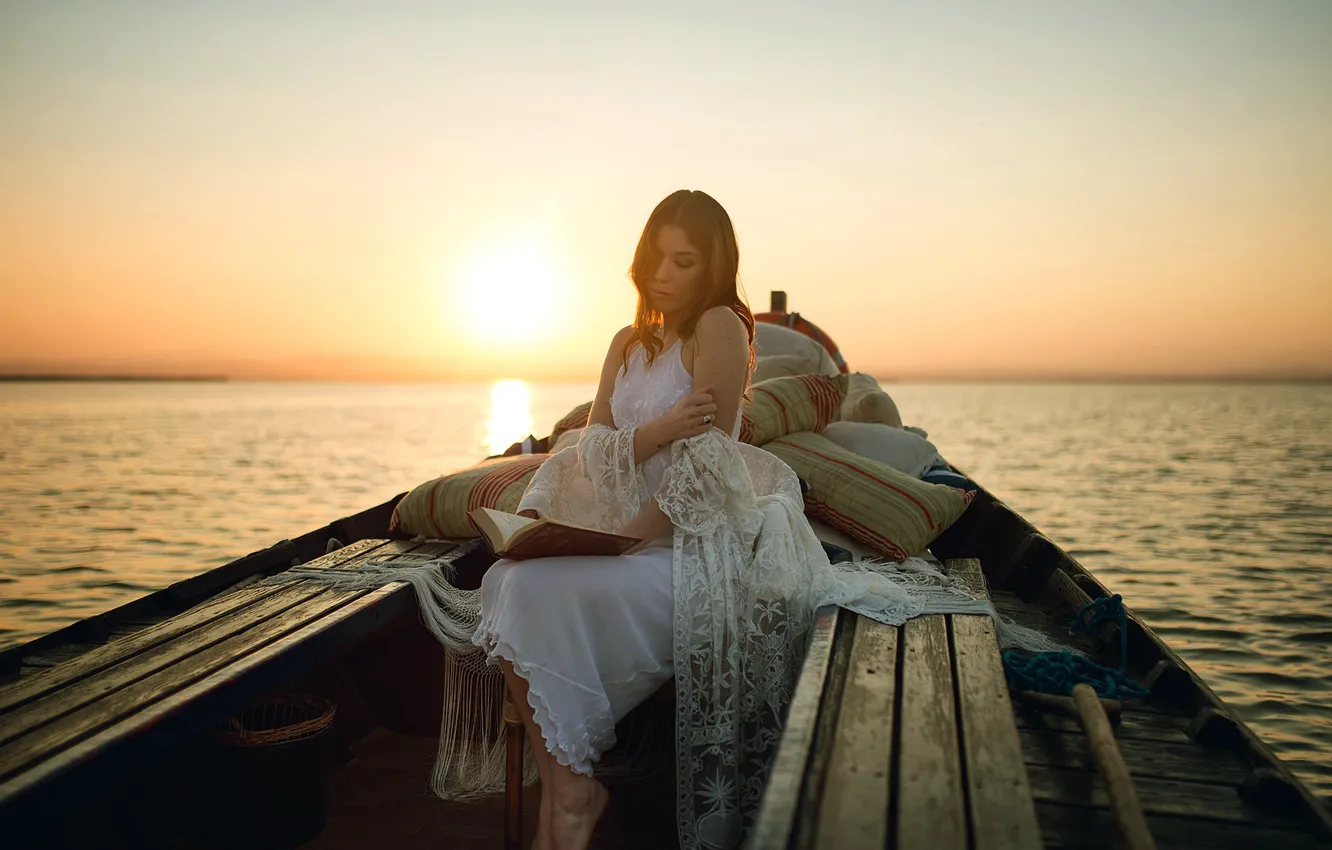 Photo wallpaper girl, sunset, lake, boat, book