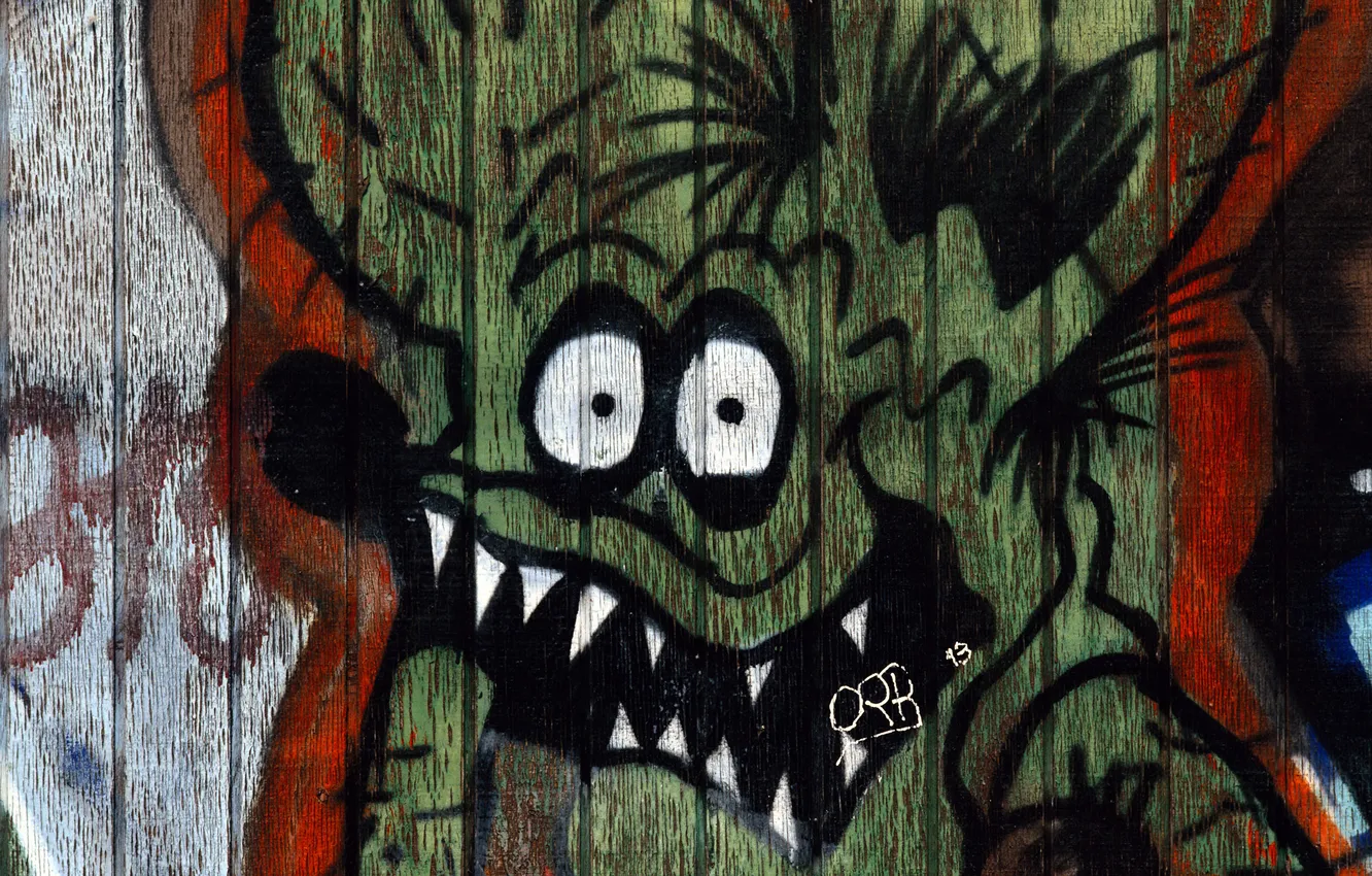 Photo wallpaper look, face, green, wall, the inscription, graffiti, figure, Board