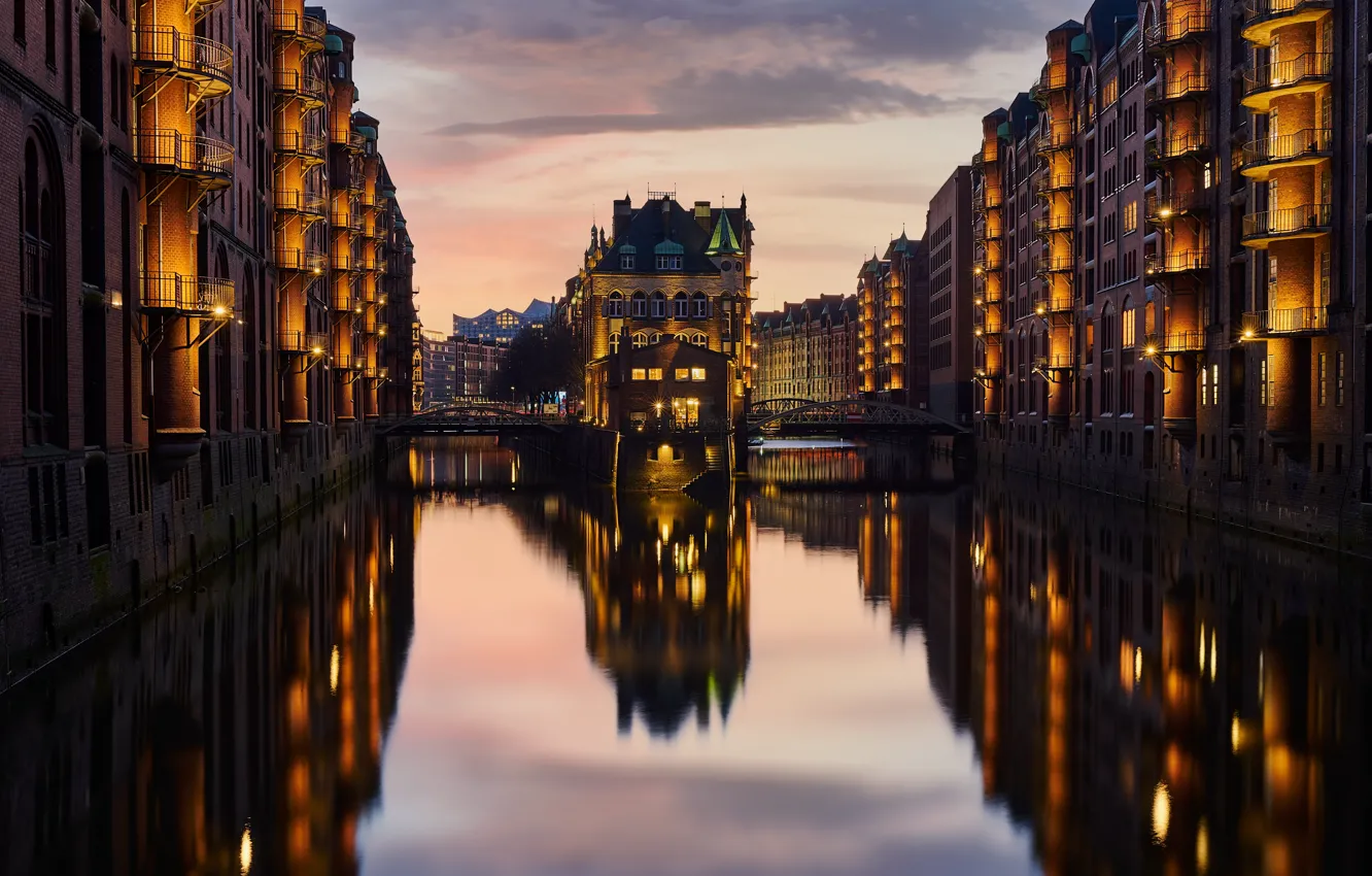 Photo wallpaper the sky, water, clouds, bridge, the city, lights, reflection, building