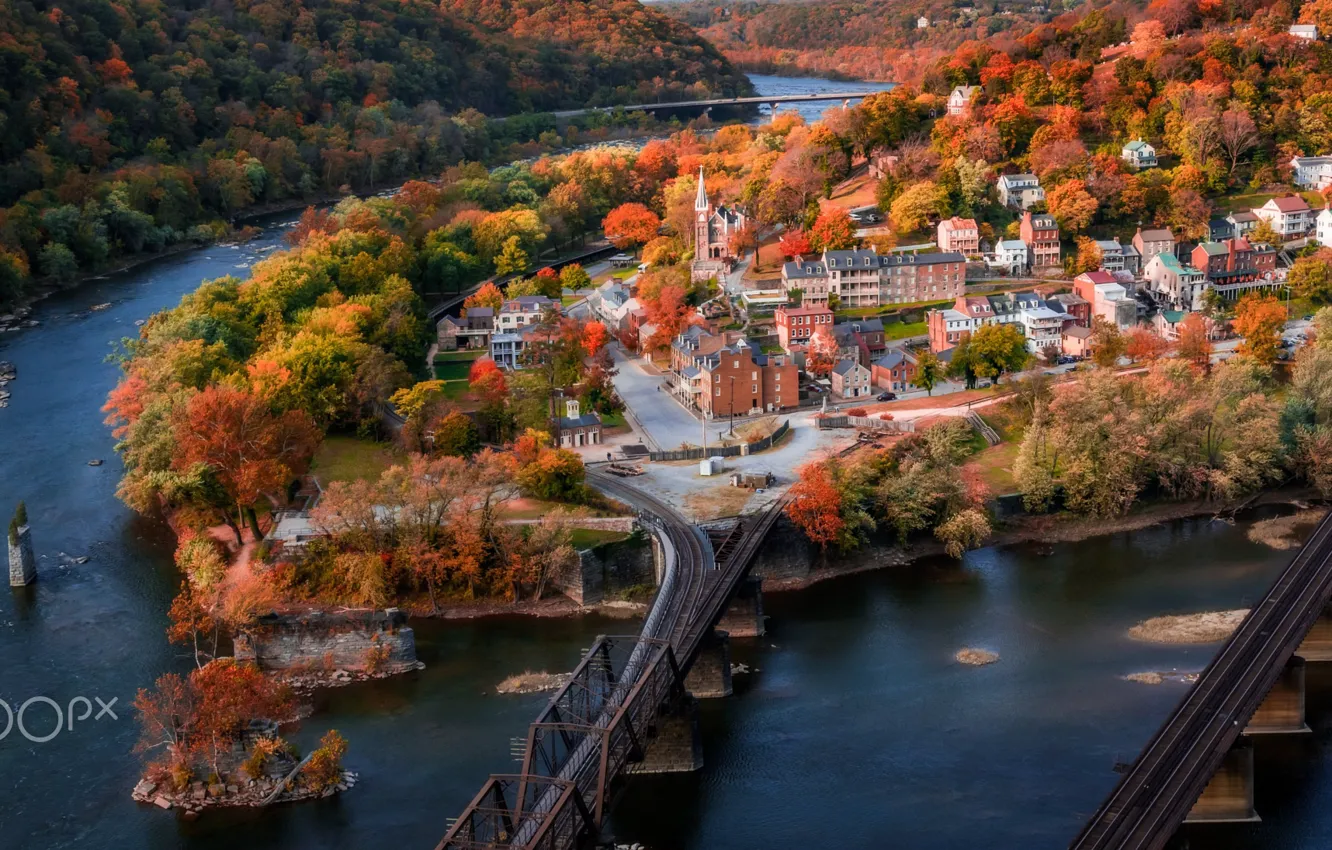 Photo wallpaper autumn, the city, river, road, USA, town, the village