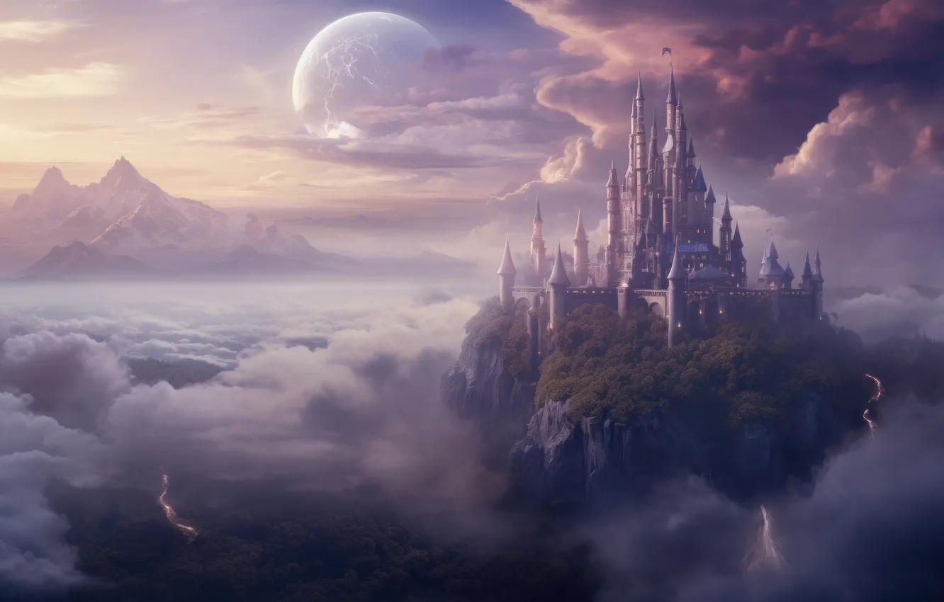 Photo wallpaper the sky, clouds, fog, castle, rocks, height, fantasy, haze