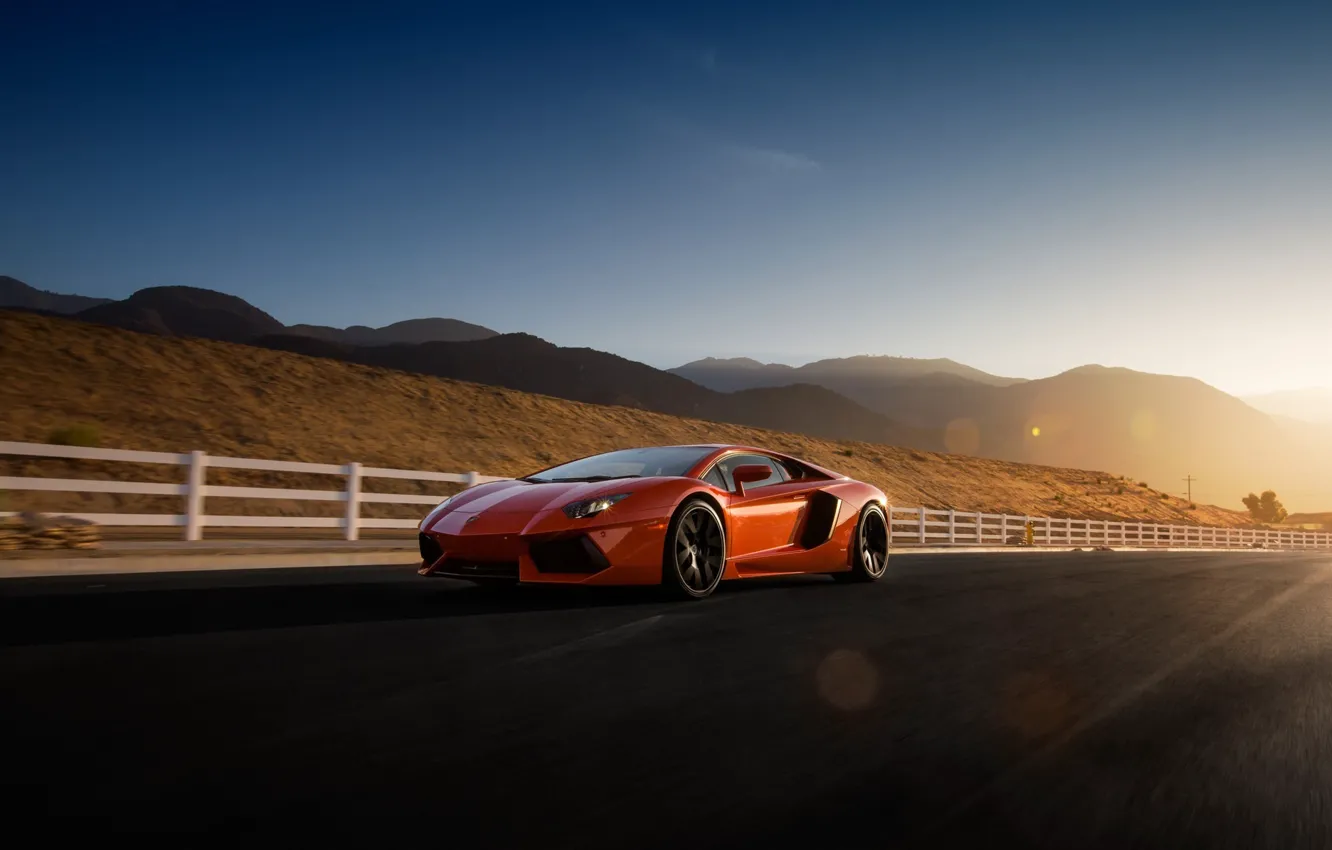 Photo wallpaper Lamborghini, Orange, Sky, Front, Sun, LP700-4, Aventador, Road