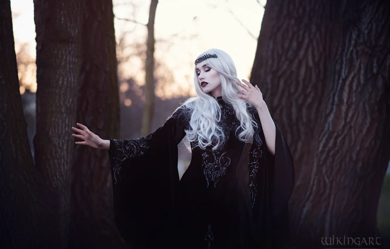 Photo wallpaper forest, girl, light, trees, nature, pose, style, hands