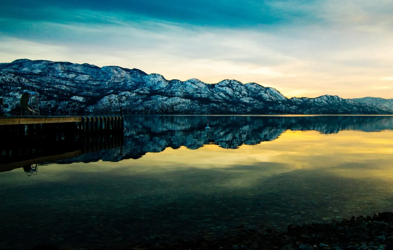 Photo wallpaper the sky, clouds, landscape, mountains, nature, lake, dawn, pier