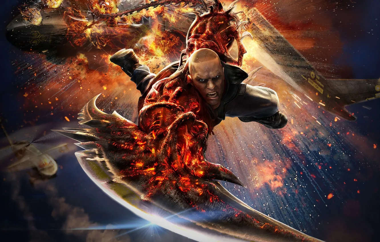 Photo wallpaper the explosion, lights, weapons, helicopter, guy, mutant, Prototype 2, James Heller