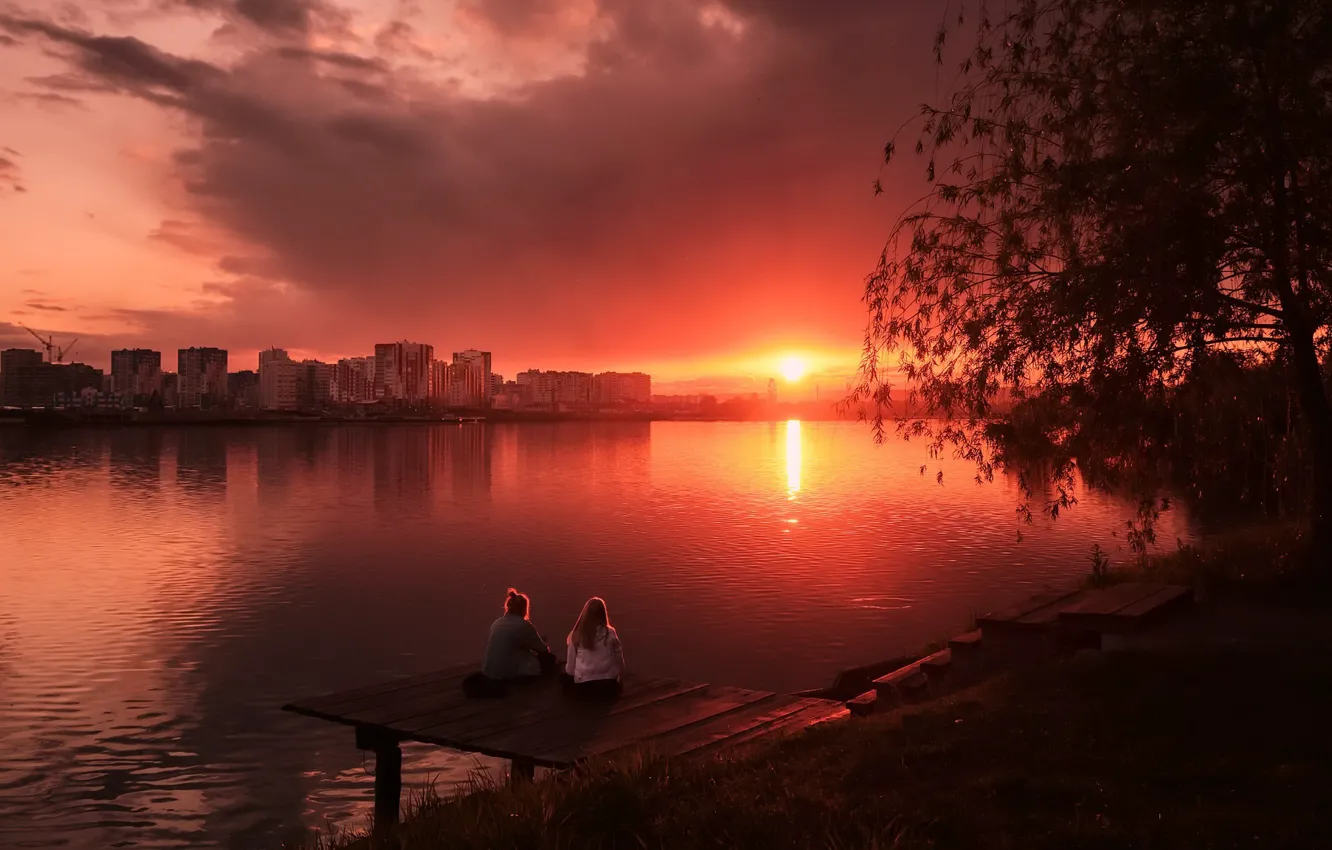 Photo wallpaper sunset, the city, river