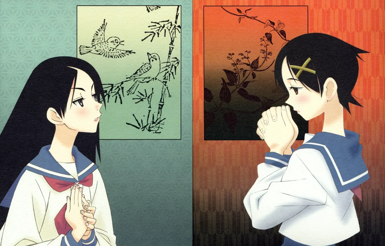 Photo wallpaper pattern, figure, two, hands, Schoolgirls, sailor, Sayonara Zetsubou Sensei, Chiki Kitsu