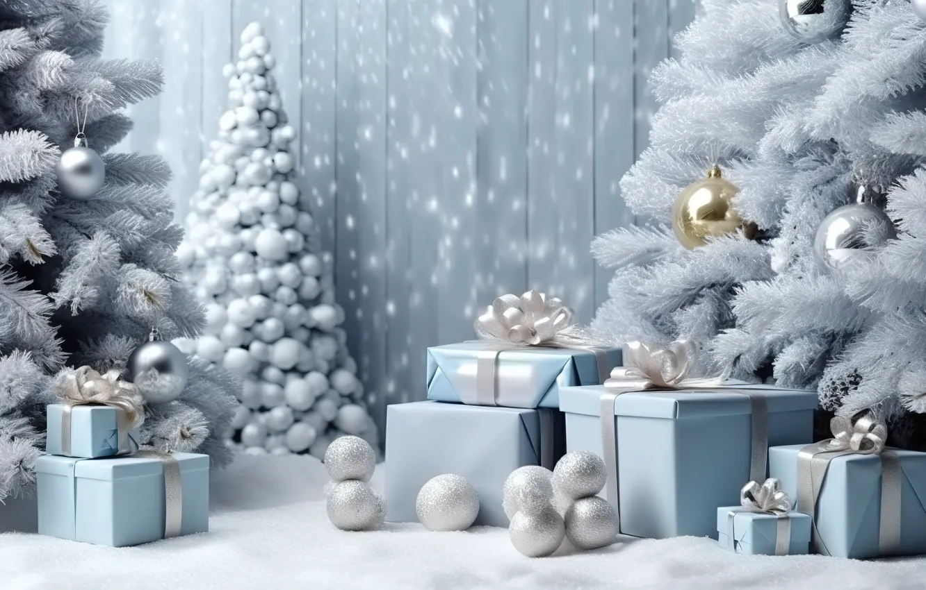 Photo wallpaper winter, snow, gift, balls, tree, new year, Christmas, golden