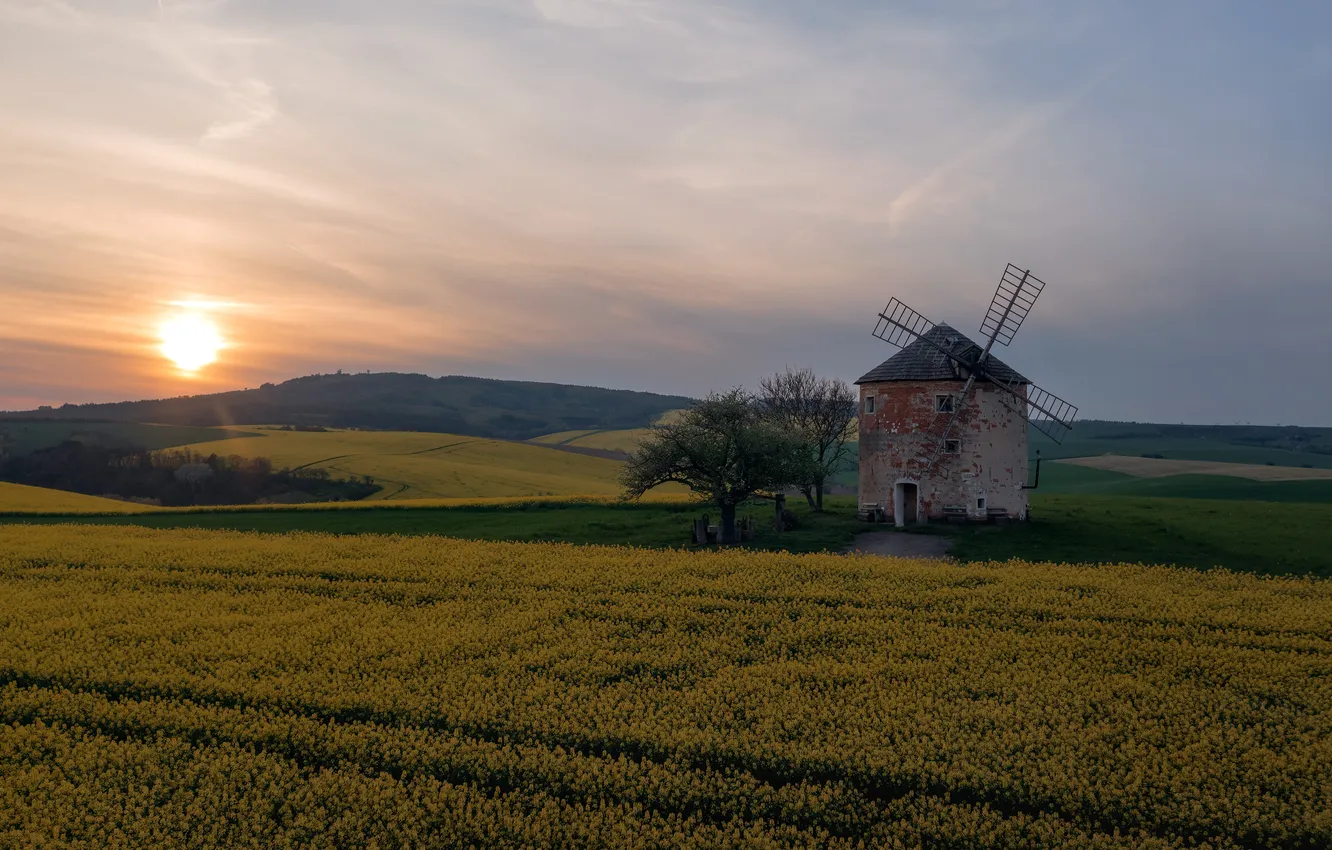Photo wallpaper sunset, beauty, the evening, horizon, mill, Moravia, Shimakovsky Yuri