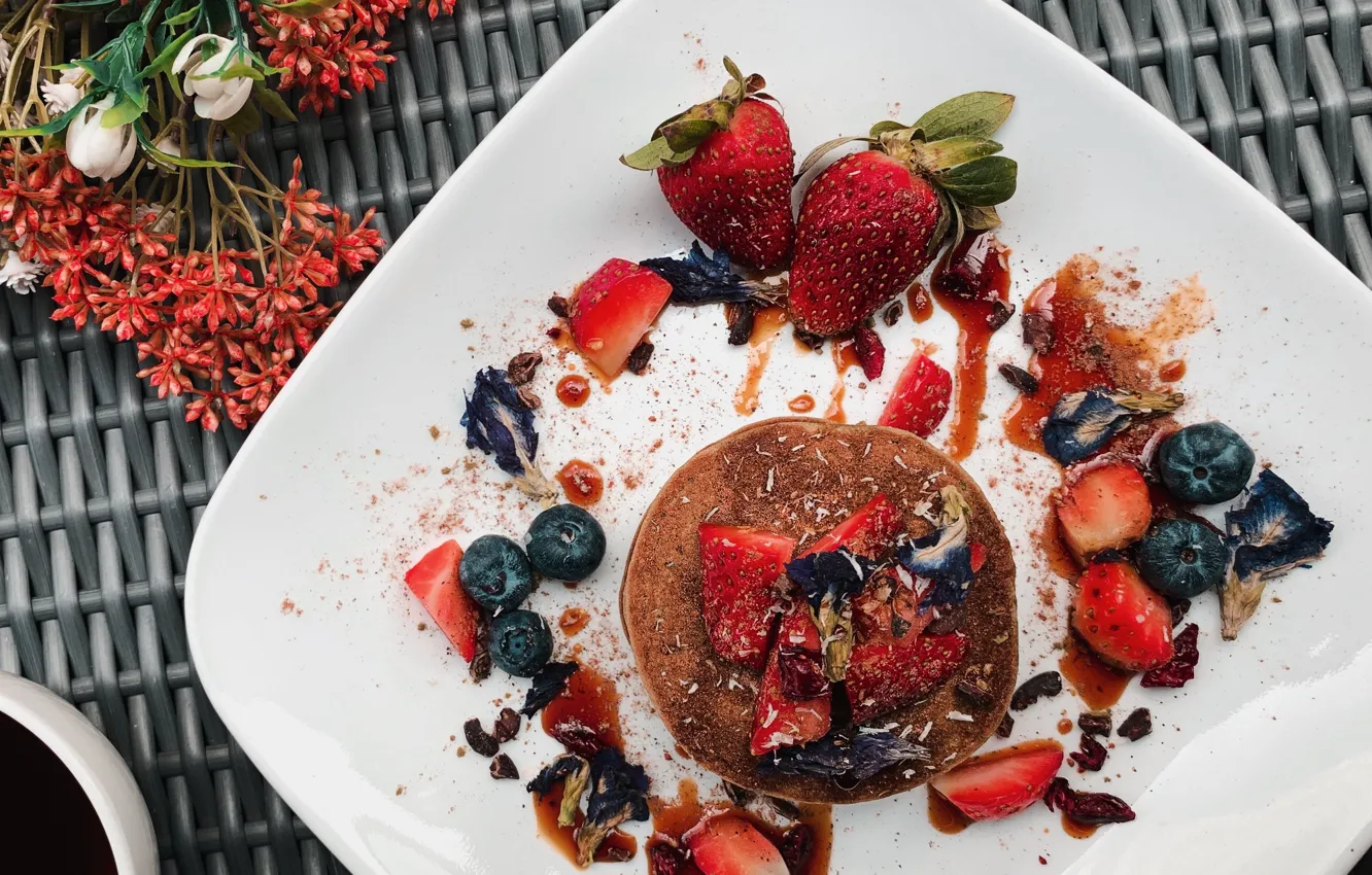 Photo wallpaper flowers, berries, chocolate, bouquet, strawberry, plate, dessert, syrup