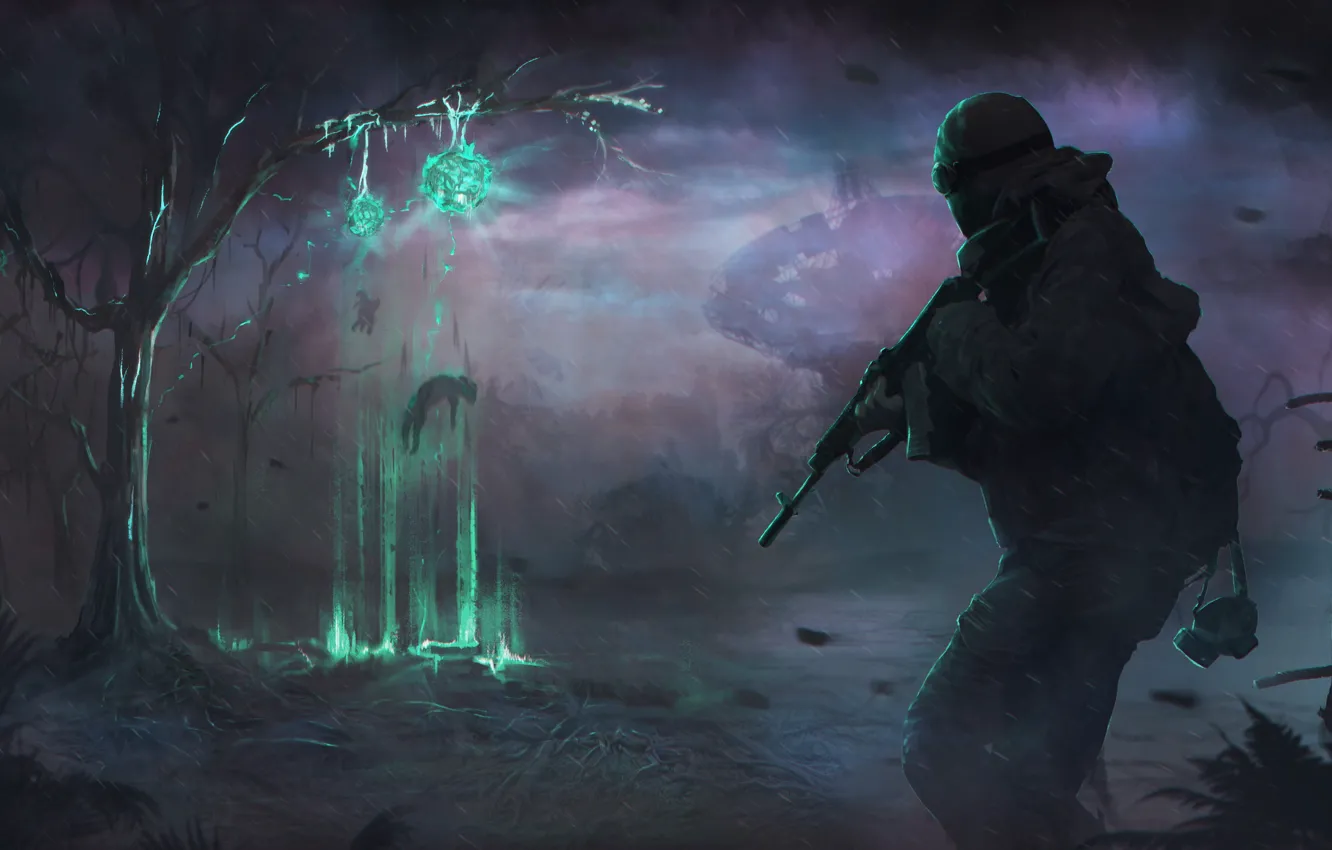 Photo wallpaper trees, weapons, antenna, anomaly, Survarium, Vostok Games, Survivors, Radar