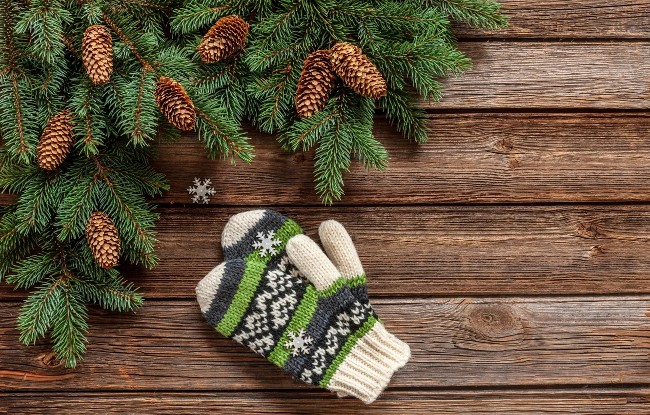 Photo wallpaper decoration, New Year, Christmas, Christmas, wood, mittens, New Year, decoration