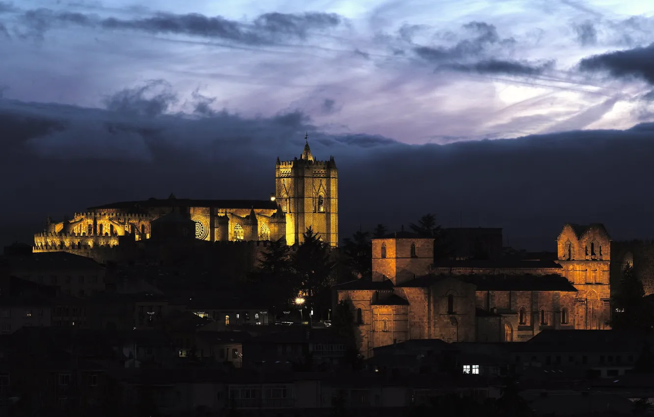 Photo wallpaper the sky, clouds, light, night, lights, castle, architecture