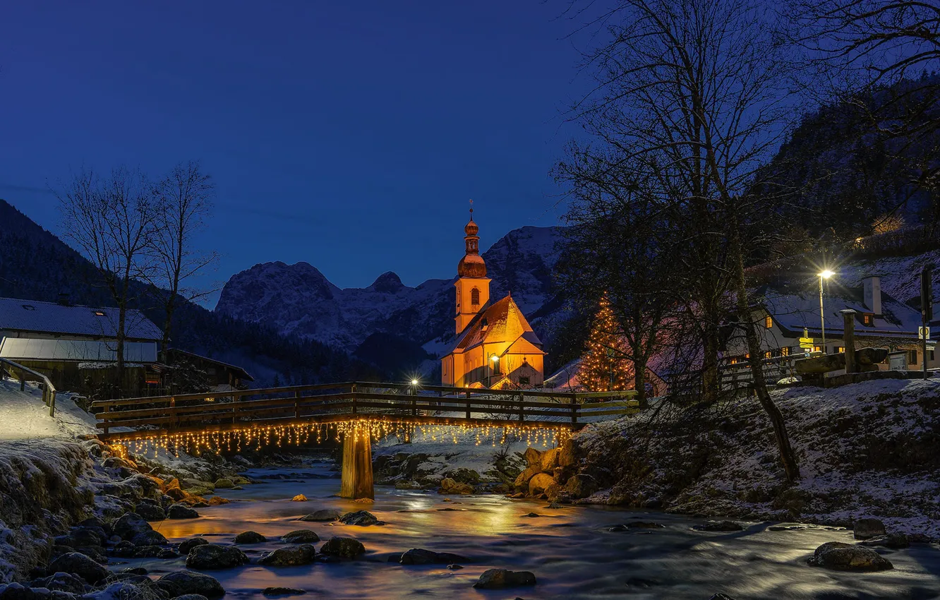 Photo wallpaper winter, snow, landscape, night, bridge, the city, river, Christmas