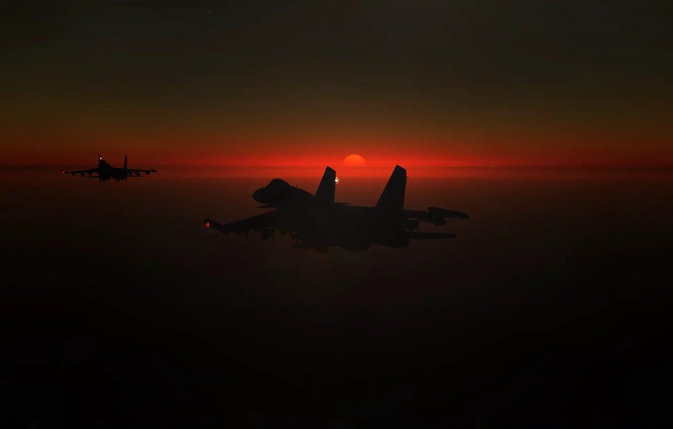 Photo wallpaper Sunset, The sun, The sky, The game, The plane, fighter, Russia, BBC