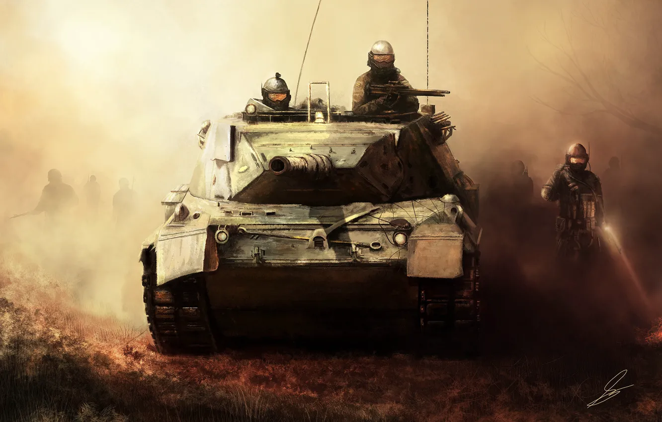 Photo wallpaper fog, weapons, art, soldiers, tank, military, invasion
