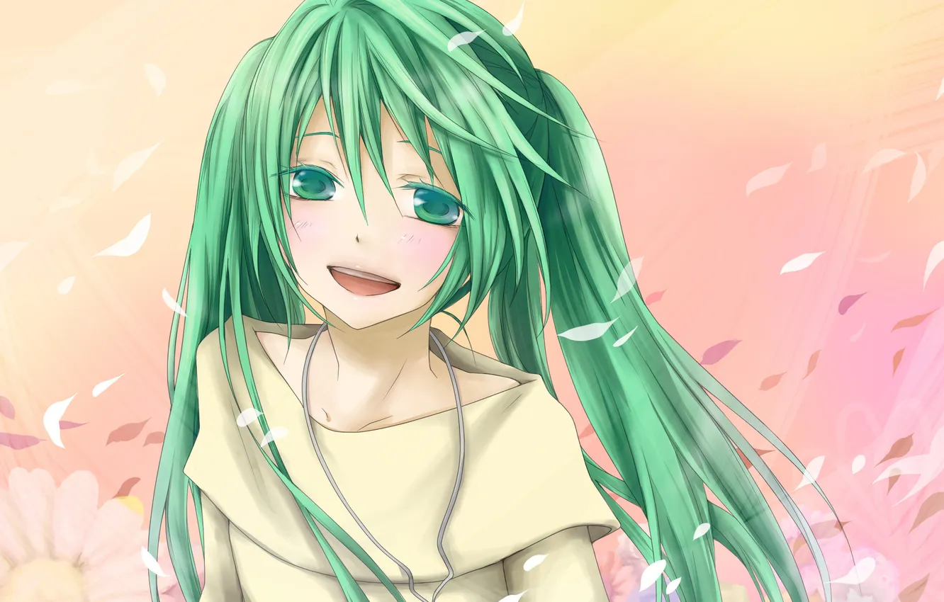 Photo wallpaper girl, petals, art, pendant, vocaloid, hatsune miku, Vocaloid