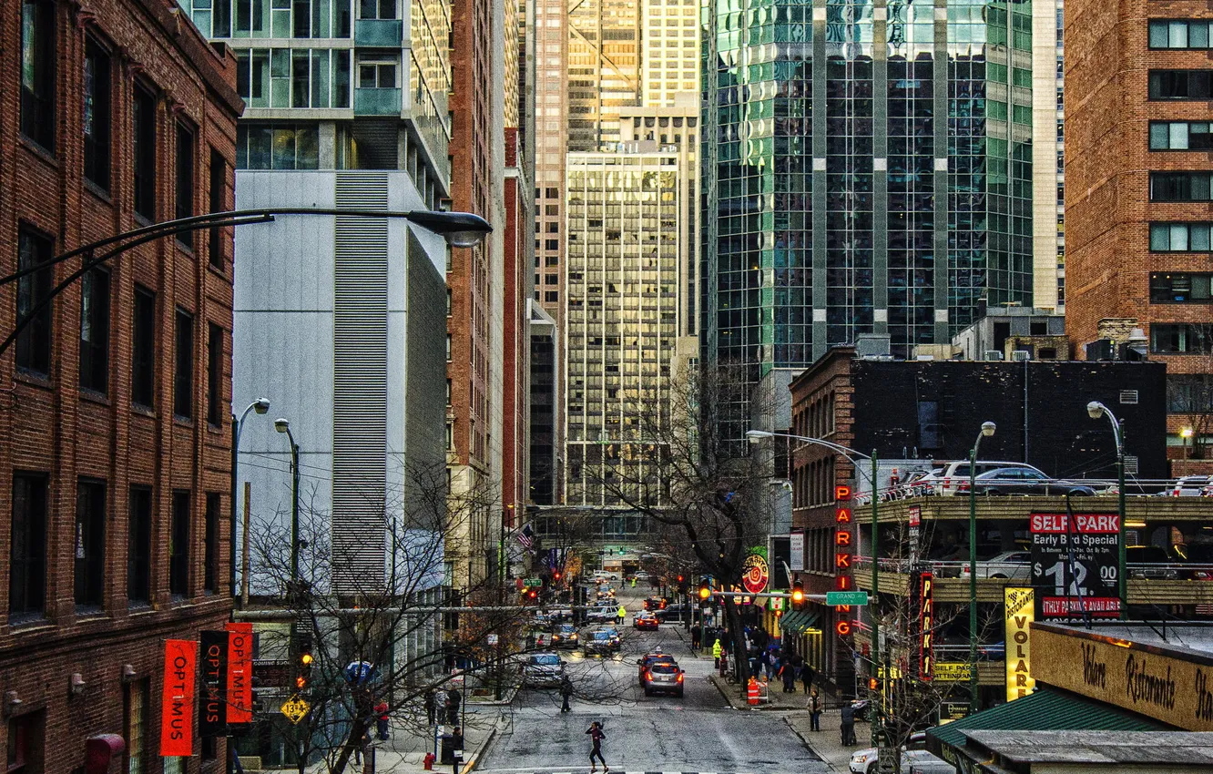 Photo wallpaper machine, movement, street, people, building, home, skyscrapers, Chicago