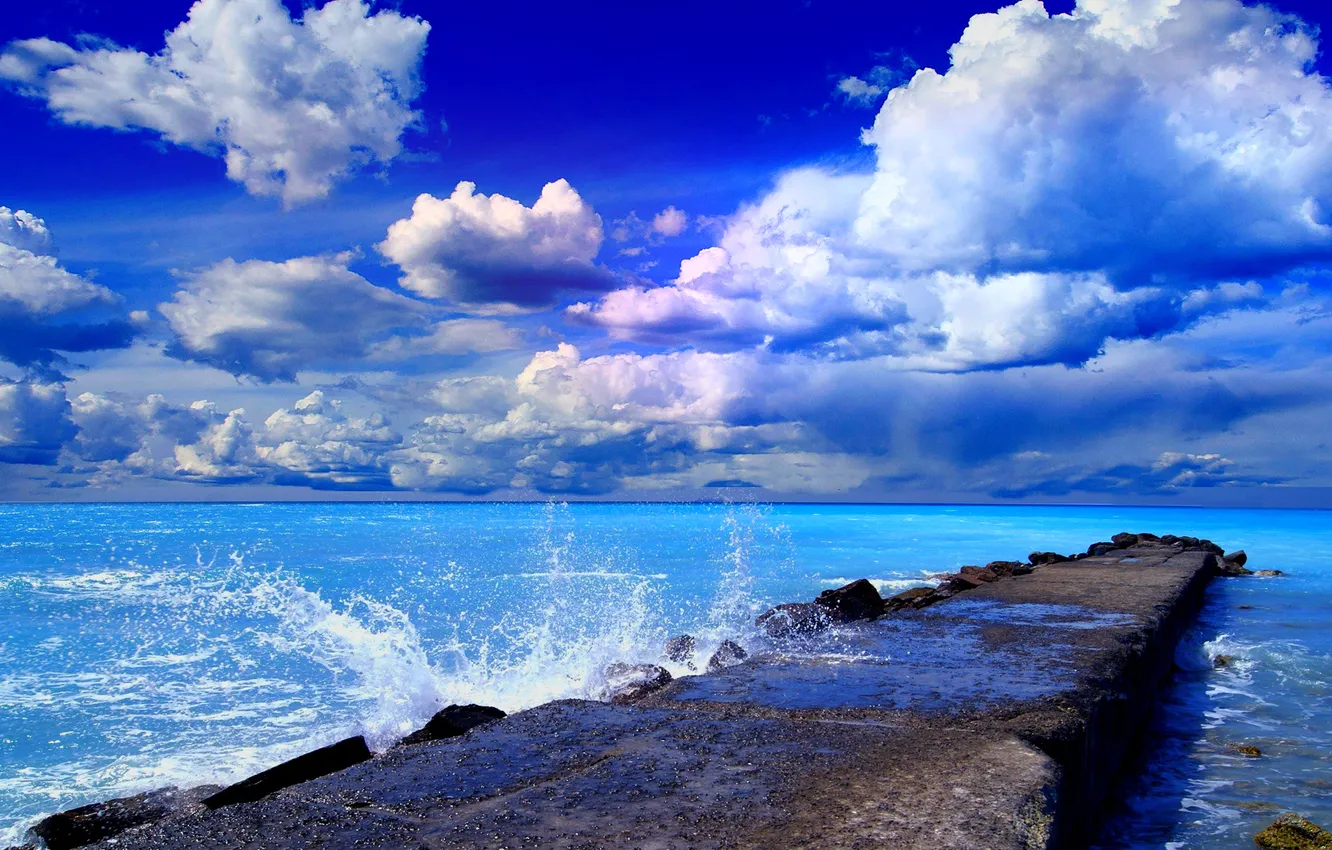 Photo wallpaper sea, the sky, clouds, pier, pierce, brushi