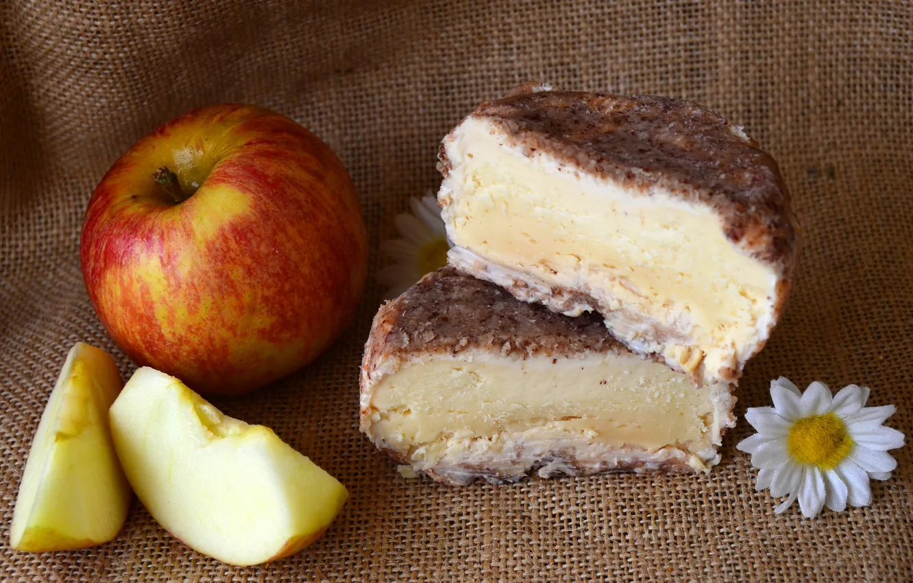 Photo wallpaper apples, food, cheese, burlap